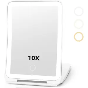 10X Magnification Rechargeable Makeup Mirror for Travel, Makeup Mirror with 80 LED Lights, 3 Color Lighting, Dimmable Touch Screen,Portable Vanity Mirror, Travel Essentials