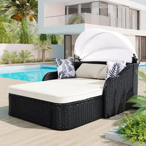 GO 79.9" Outdoor Sunbed with Adjustable Canopy, Double lounge, PE Rattan Daybed, Black Wicker and Beige Cushion