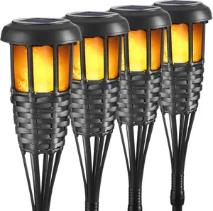 Solar  Light with Flickering Flame, 4 Pack    Hand-Woven Rattan Solar Tiki  for Outside Patio Yard Garden Lawn (Black-4 Pack)
