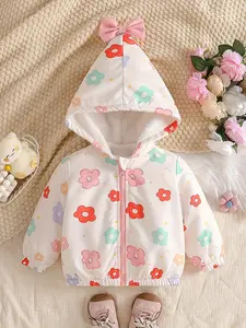 Girls' coat, cute winter coat for girls, fresh floral print style, girls' hooded and velvet coat, full of colorful flowers and pink bow top printed, suitable for girls' daily home and travel during the school year