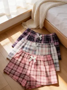 Women's Plaid Bow-Tie Elastic Waist Lounge Shorts, Soft Breathable Loungewear Sleepwear for Summer Indoor Wear