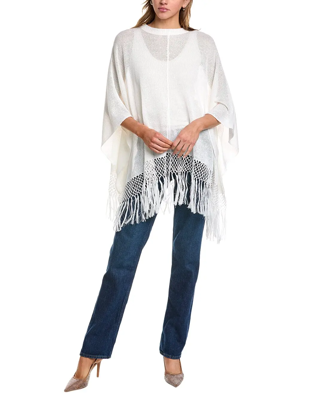 BRUNELLO CUCINELLI WOMEN'S WHITE FRINGED KNIT PONCHO