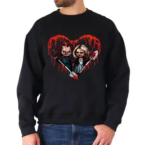 Unisex Halloween Chucky Graphic Sweatshirt, Black Horror Movie Shirt With Red Heart Knife Design Gift For Halloween Parties Playful Spooky Print Sweater