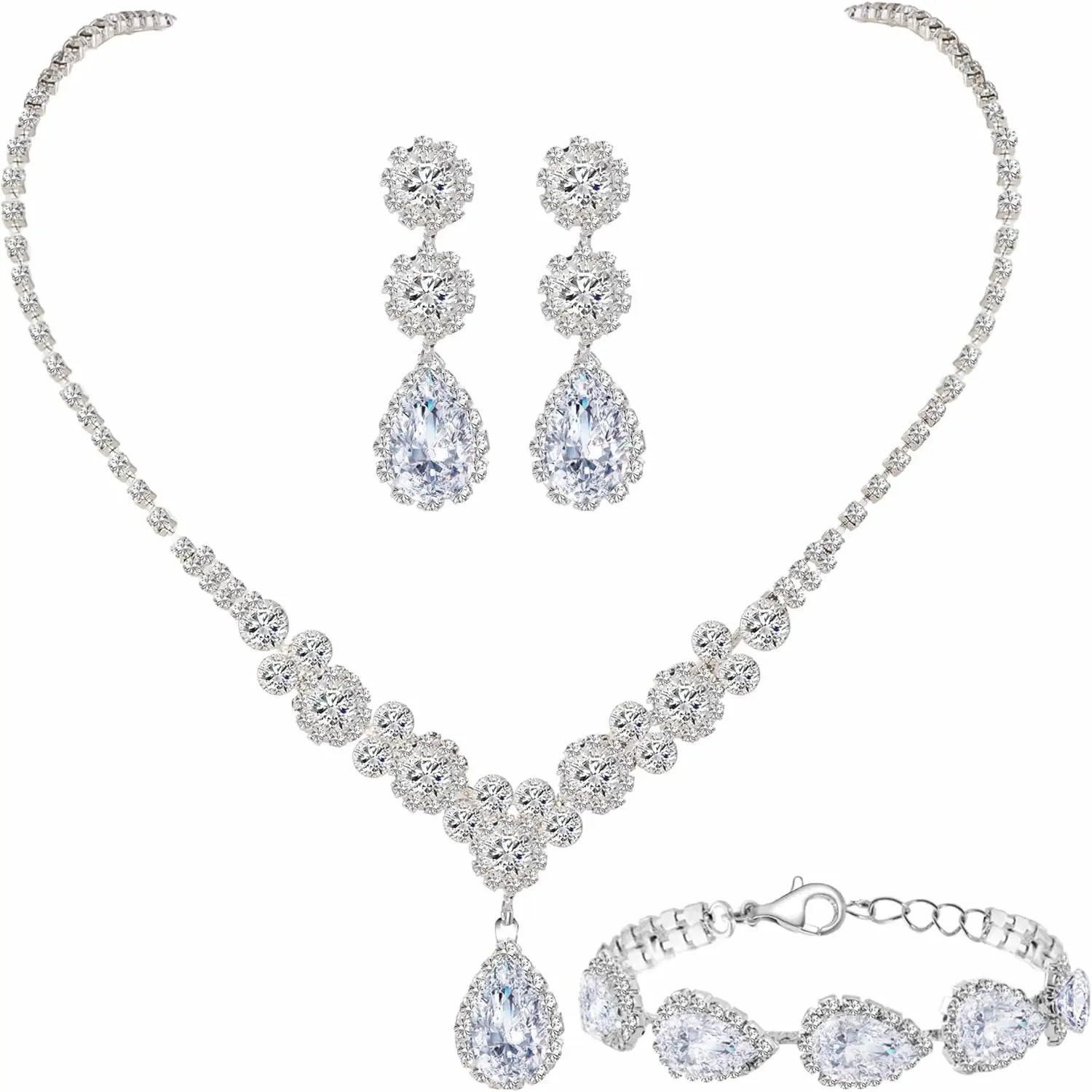 Women's Rhinestone, Crystal-Cubic Zirconia Teardrop Bridal Earrings & Bracelet Set - Formal Accessory for Wedding, Anniversary, Pageant Gifting to Mother, Dinner Party Use