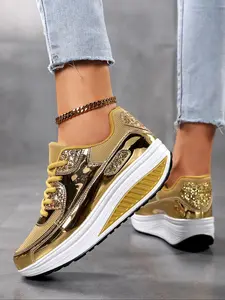 Women's Glitter Lace Up Walking Shoes, Glitter Design Sneakers, Lightweight Breathable Comfortable Sports Shoes, Fashionable for Daily Wear