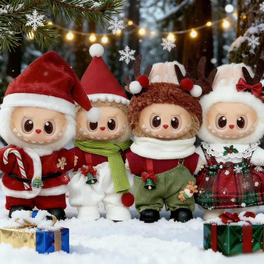 Labubu 3-Piece Doll-Sized Fabric Clothes Set - Christmas Theme Santa Claus, Santa Reindeer Outfits with Candy Cane Bells, Jingle Bells, Festive Plaid Ornaments for 15/17cm Toys, Holiday Gift