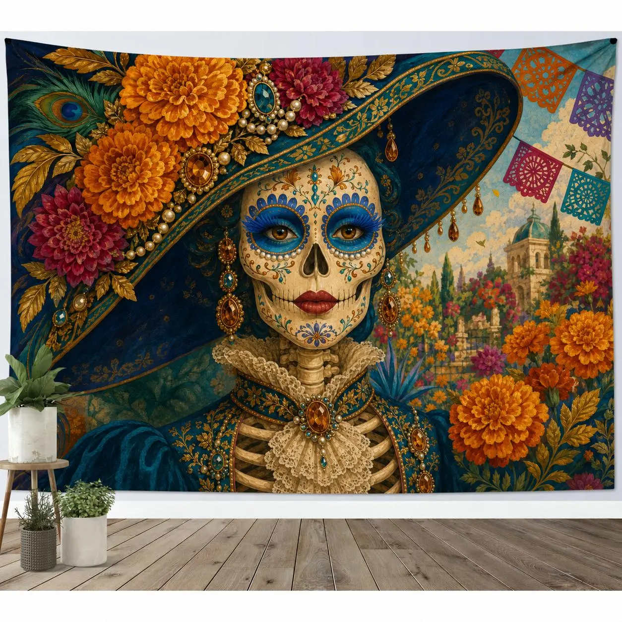 Vibrant Day of the Dead Polyester Tapestry, La Catrina Floral Wall Hanging with Vivid High-Definition Print, Colorful Gothic Mexican Art Decor for Living Room, Bedroom, Memorial Altar & Party Backdrop