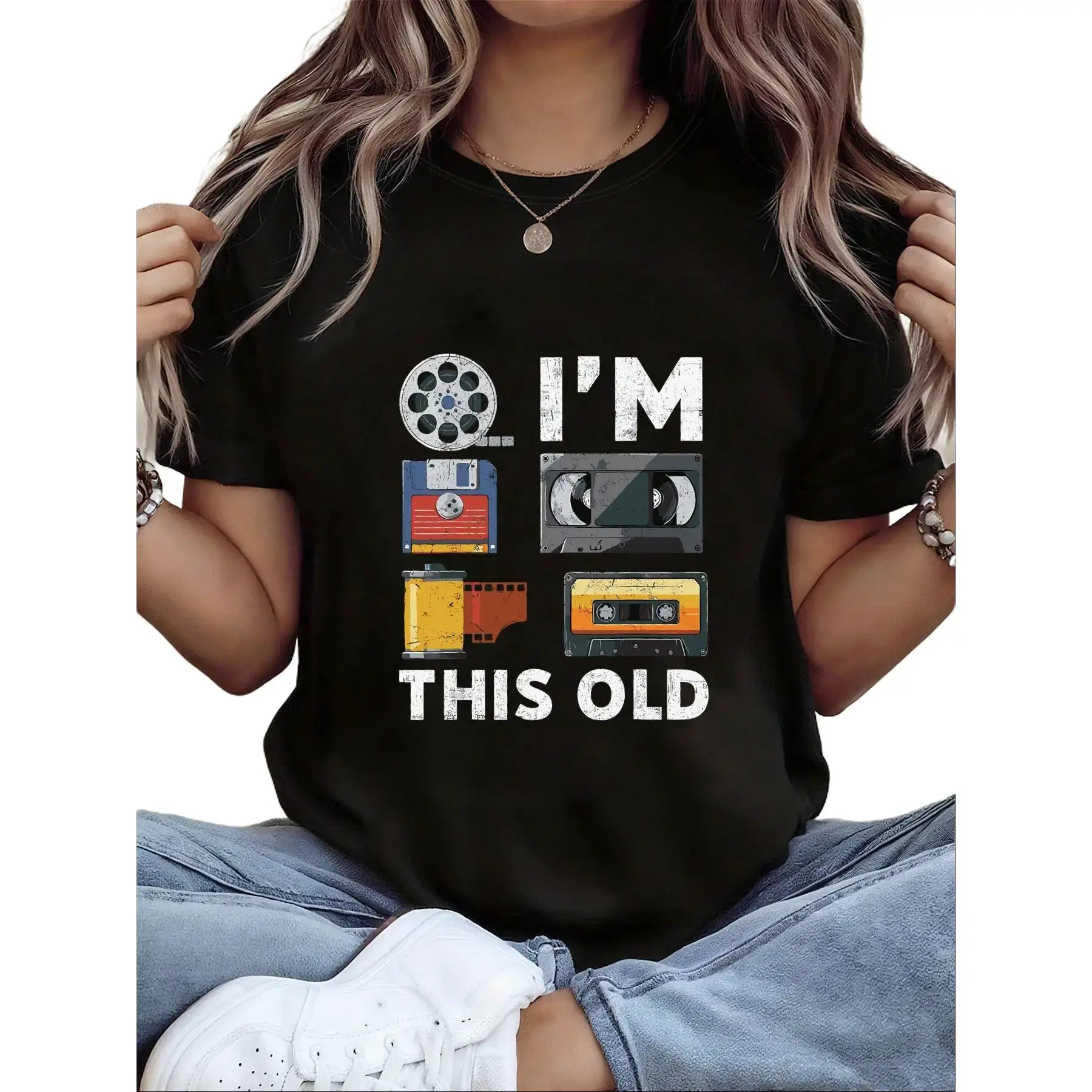 Vintage Tech Nostalgia, Guess I'm Getting Old Plus-Size Women's Crew Neck Short-Sleeve Summer T-Shirt Printed with Floppy Disk and Cassette Tape Patterns