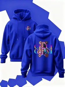 New Men's Hooded Sweatshirt with Gradient Bear Print, Soft Stretch Knit Fabric, Casual Fitted Style, All-Season Wear, Youth Essential Top