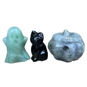 Karavana Halloween Crystal Healing Garden - The Path Forward - Green Aventurine Ghost, Black Obsidian Cat, Labradorite Pumpkin