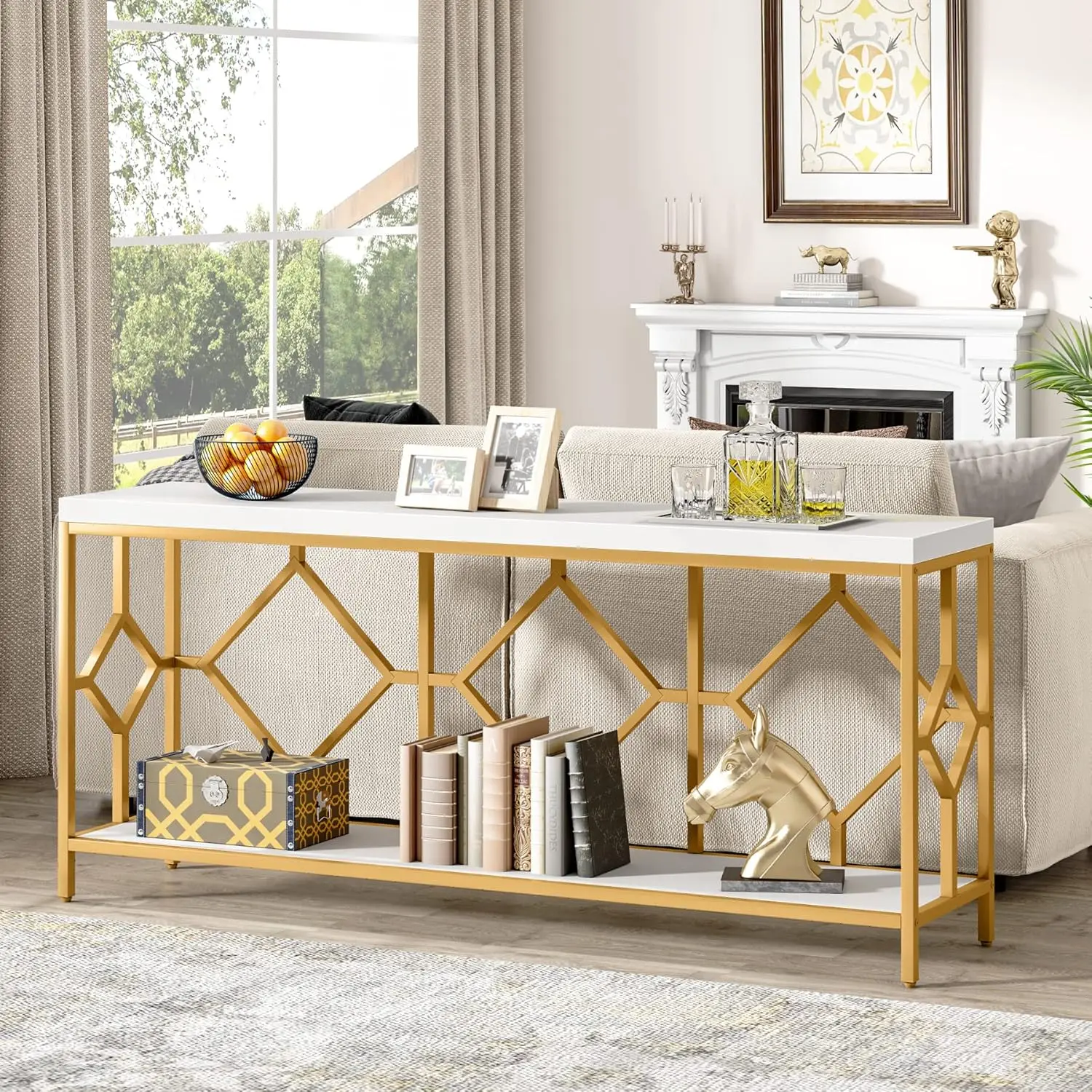 LITTLE TREE 71 Inch Extra Long Sofa Table, Narrow Long Sofa Console Tables Behind Couch Table with Open Storage Shelf