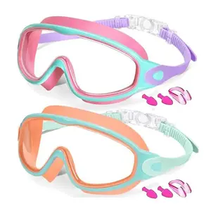 Kids Swimming Goggles, 2 Counts/set Anti-fog Goggles with Earplugs, Wide Vision Design Comfortable Silicone Material Goggles for Boys & Girls, Diving Swimming Goggles