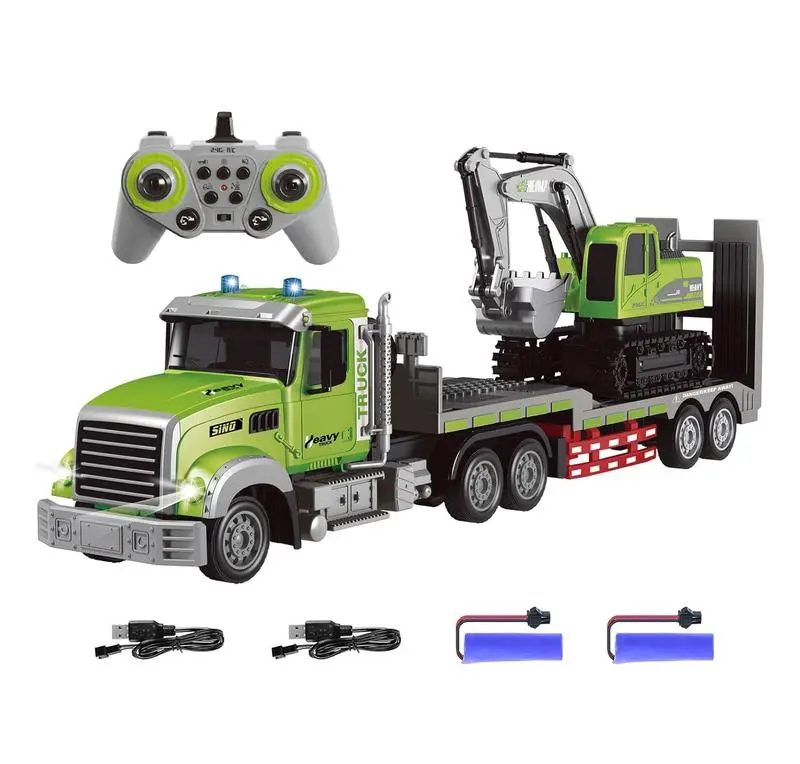 RC Semi Truck & Excavator Toy Set,1:12 RC Semi-Trailer Truck with Sound and Lights,2.4Ghz Remote Control Flatbed Truck with Excavator Toys Children's Gift Sets