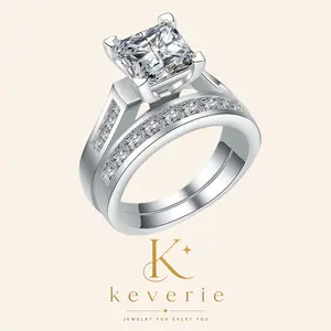 KEVERIE Women's 2-Piece Square Ring Set with Princess Cut CZ Stones Micro Pave Cubic Zirconia Metal Coating Elegant Design for Engagement Party Wear Gift