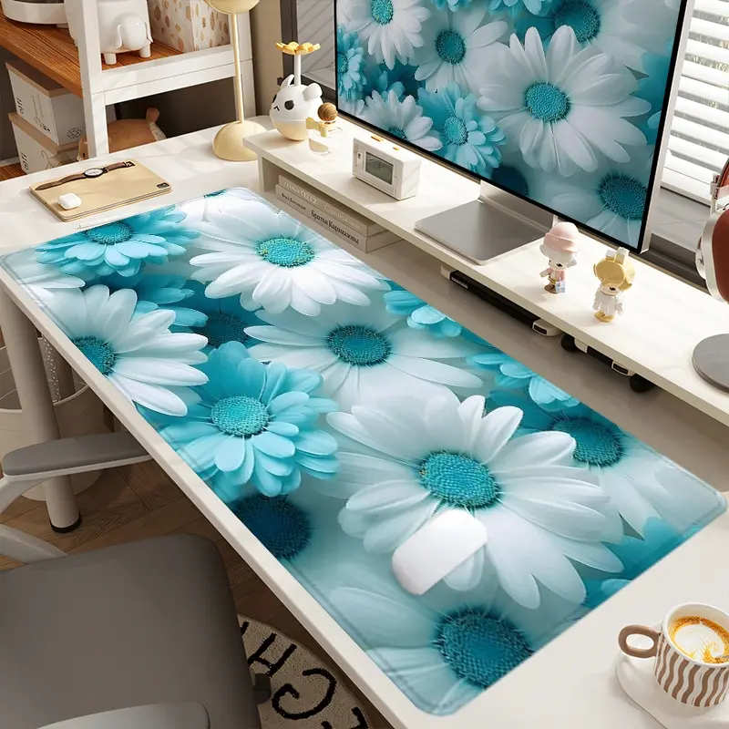 1pc Extra Large Blue-White Daisies Mouse Pad Desk Pad, Desk Accessories, Desktop Accessories, Computer Keyboard Mousepad with Non-Slip Rubber Base Durable Stitched Edge Gift for Home and Office, Work Accessories