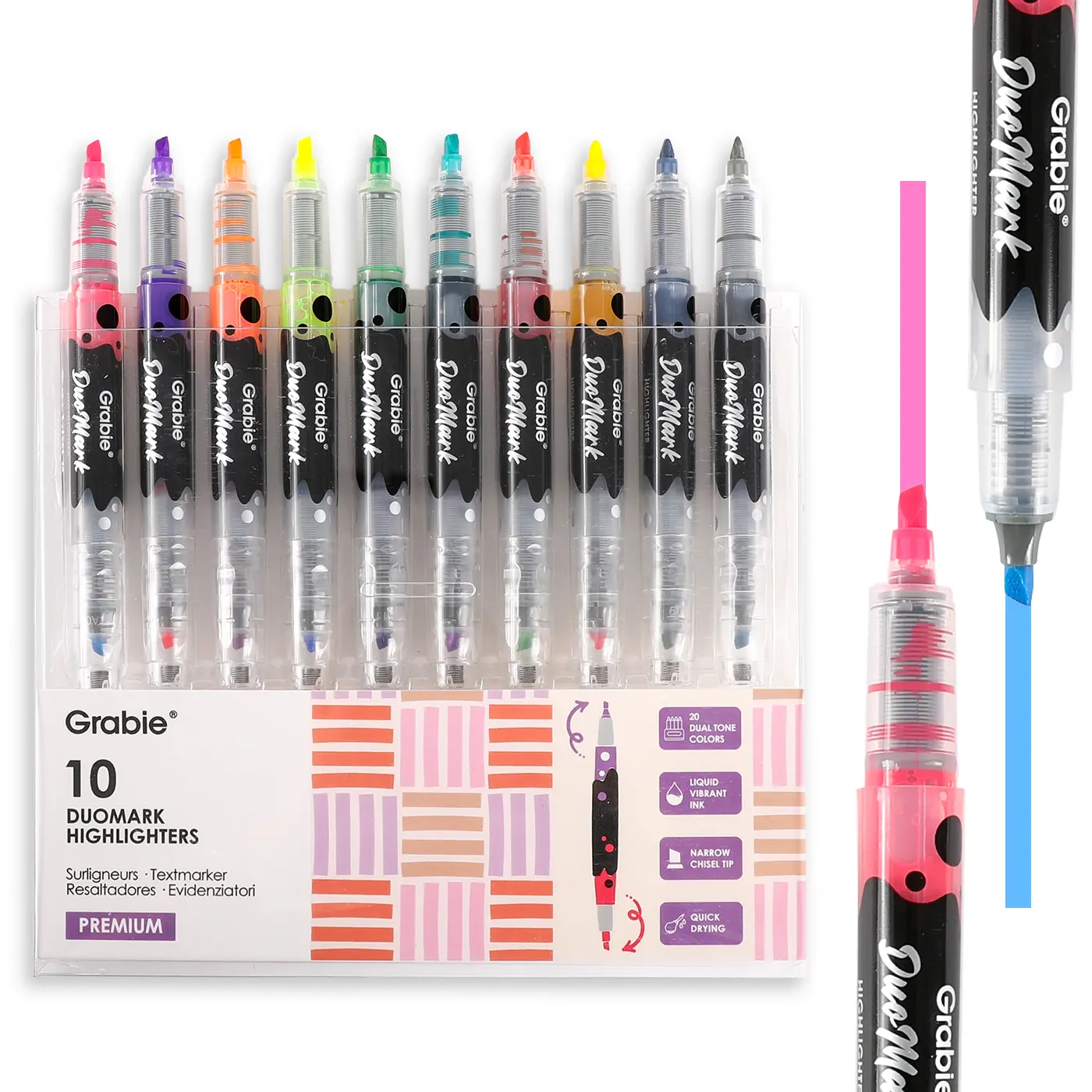 Grabie DuoMark Highlighter Set - Back to School, 10 Pieces, 20 Dual-Tone Colors, Chisel Tip Markers for Artists, Bullet Journal, Color-Coding, Class Reward Gift Idea, School Supplies