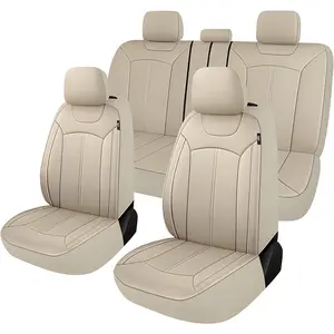 5 Seats Beige PVC Waterproof Car Seat Covers Full Set Universal Fit for Cars SUVs with 3 Zipper Airbag Compatible Truck Cushion Protector Car Interior Kit