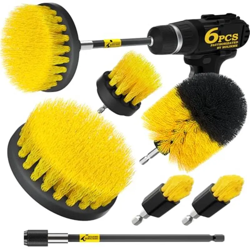 6Pc Drill Brush Set - Soft Bristles with Extension for Home Clean | 5 Head Sizes, Yellow Nylon Fibers, Power Scrubber Attachments for Tile, Tub, Shower, Floors, Kitchen and Auto Interior Care