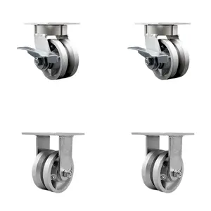 Service Caster SCC-KP30S420-VGR-SLB-2-R-2 Kingpinless V-Groove Semi-Steel Swivel Top Mount Castors, 4x2 in. Silver Metal Castors, 3200 lbs Total Capacity, Set of 4