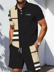 Men's Casual Plaid Polo Shirt & Shorts Set, Summer 2-Piece, Short Sleeve, Loose-Fitting, Regular Length, Graphic Pattern