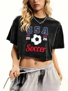 Women's Football Print Crop Top Vintage Washed Short Sleeve, Summer Casual Round Neck Loose Fit Shirt, Ideal for Daily Commute, Leisure, Fitness
