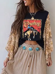 Chic Petal Women's Retro Rodeo Print T-Shirt - Contrast Leopard Textured Crepe Flowy Sleeve Blouse | Edgy Country OOTD