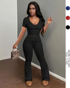 USBoutiqueCHIC Women’s Slim Fit Two-Piece Set | High-Stretch Brushed Knit Top & Pants, Summer Casual & Lounge Wear