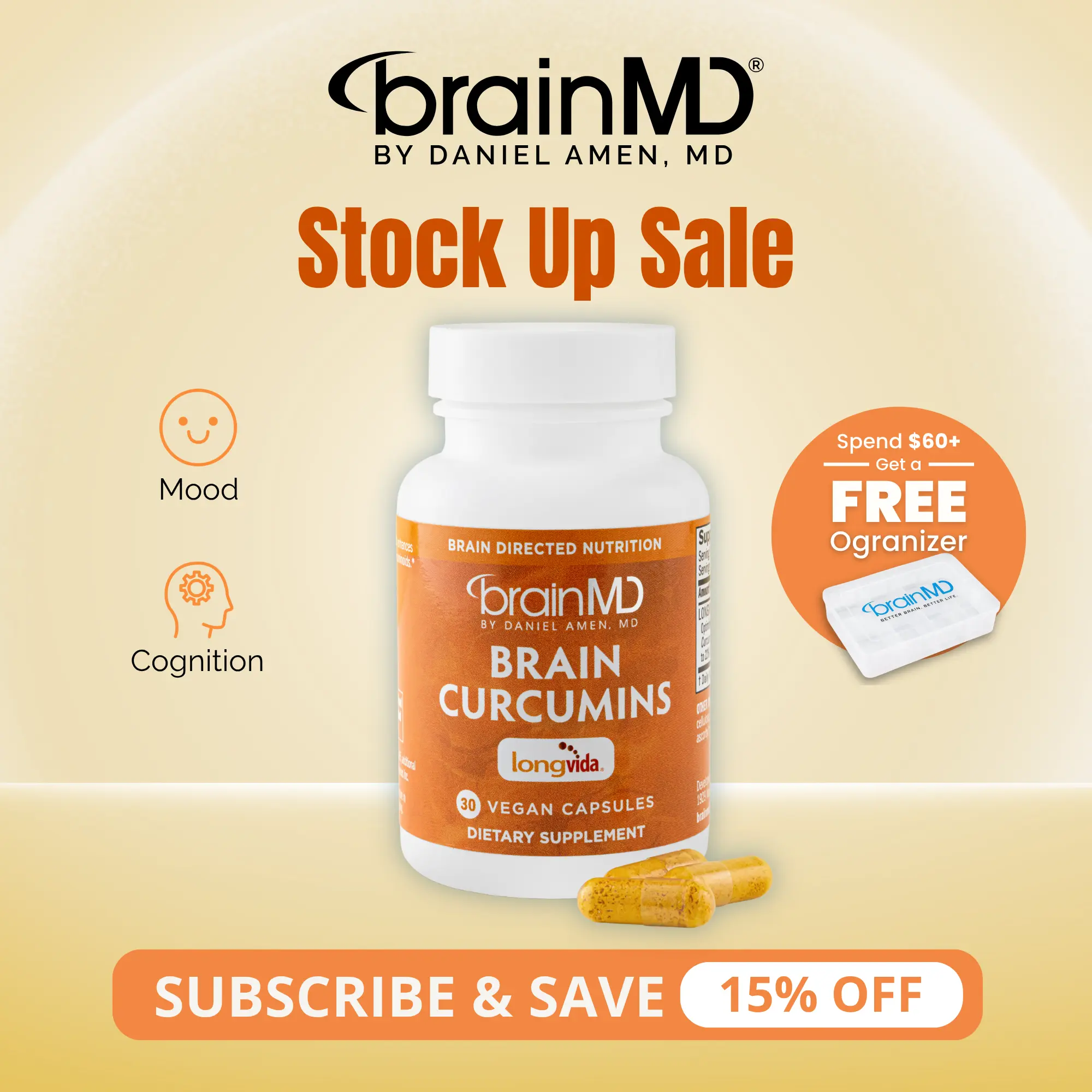Brain Curcumins | BrainMD | 30 Capsules | Memory, Mood & Cognitive Support | Brain Antioxidant & Inflammatory Response Support | Longvida Optimized Curcumin