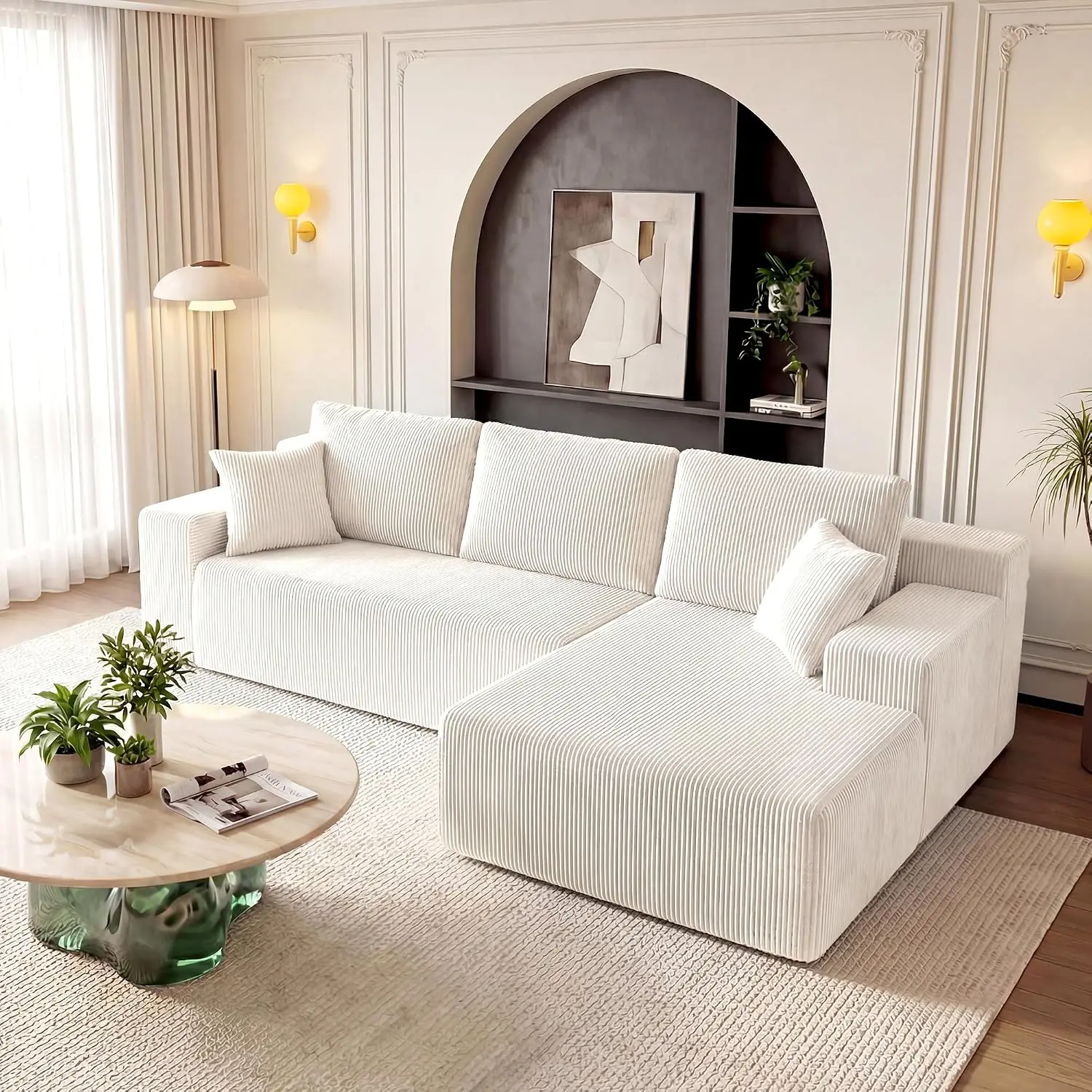 GRUSIGN Cloud Sectional Boneless Couches for Living Room, Modular L Shaped Couch with Deep Seat Oversized Right Facing Chaise, Memory Foam Compressed Spineless 3 Seater Sofa for Apartment, Beige