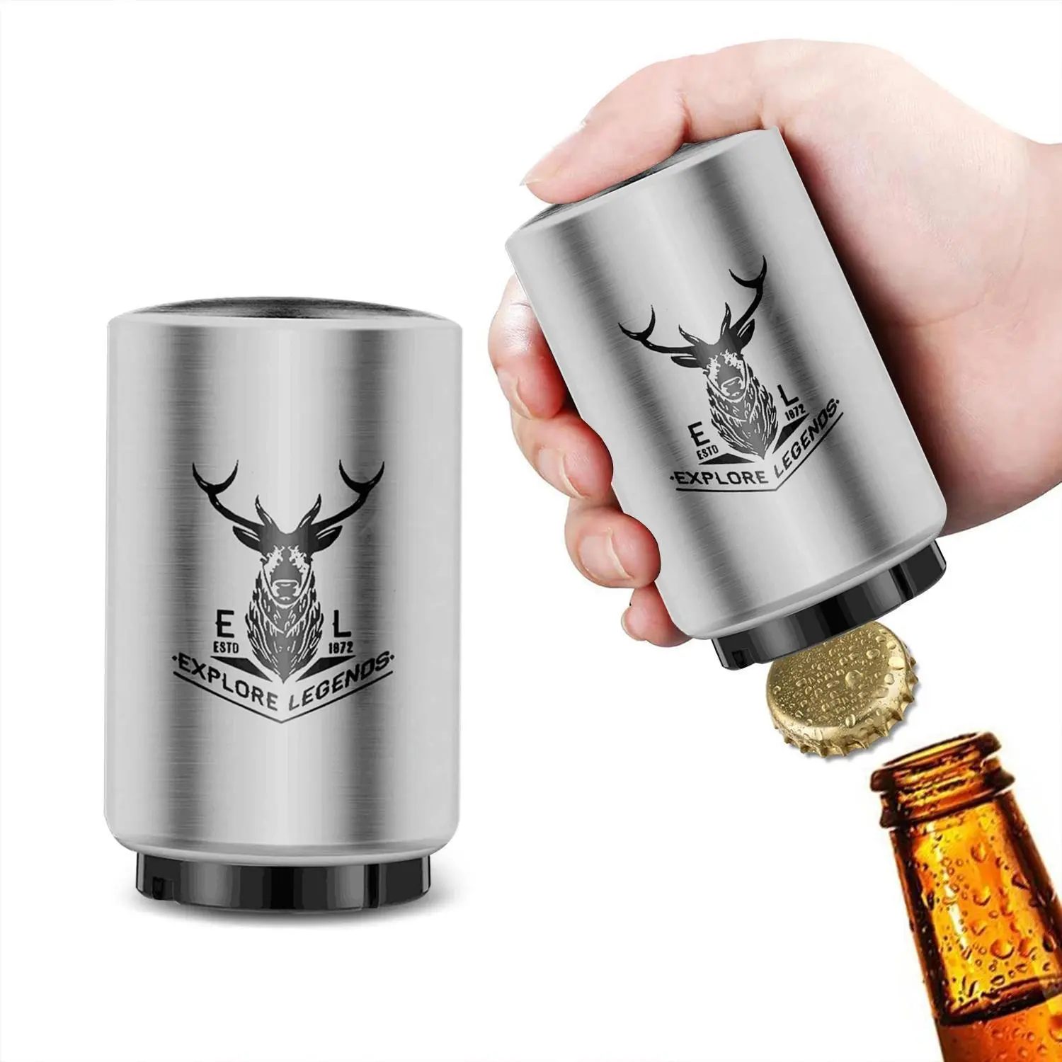 1Pc Automatic Beer Bottle Opener with Magnetic Cap Catcher, Stainless Steel One Handed Lid Opening Spring Loaded Push&Pop for Kitchen Home Bar Restaurant Household Utensils Beer Accessories Gift