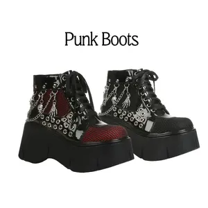 Women's Black Gothic Boots Ankle Boots Round Toe Punk Boots Mesh Lace Up Boots Chunky Heel Platform Boots Girl Walking Shoes boots for fall wide calf boots