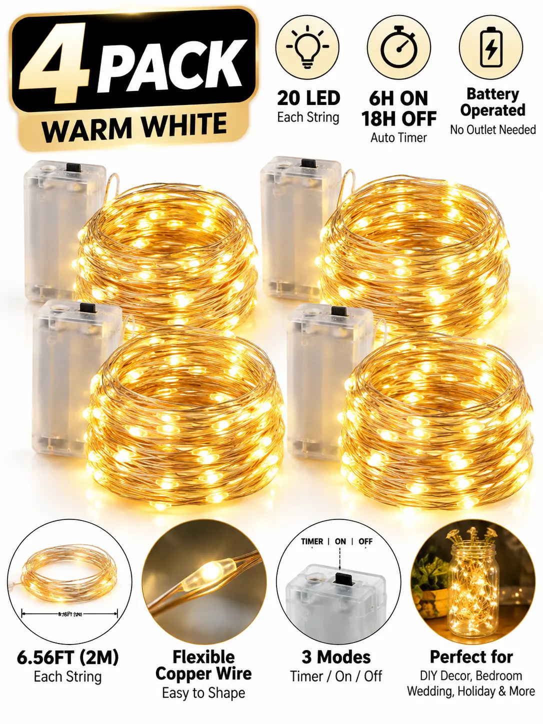 4/6 Pack Fairy Lights Battery Operated, 6.56FT 20 LED Warm White Copper Wire String Lights with 6H Timer, Flexible Mini Twinkle Lights for Bedroom, Wedding, Christmas, Party & DIY Decor