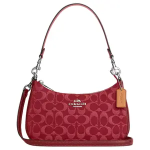 COACH Teri 24 Zip Top Denim Crossbody Bag for Women, Medium Size, Red