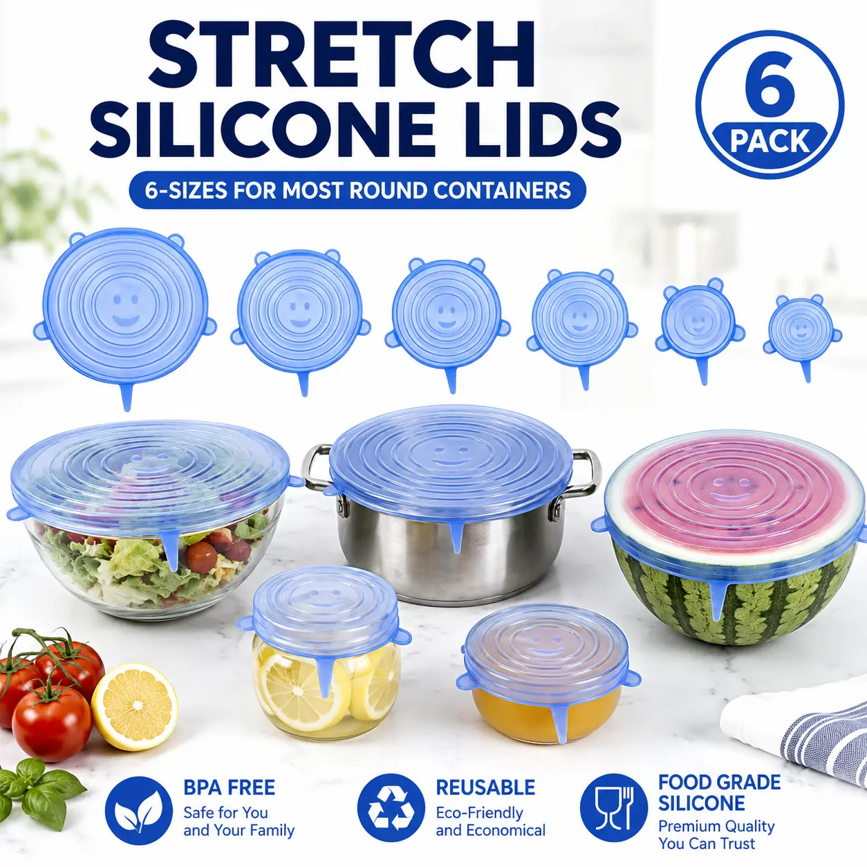 6 Pack Silicone Stretch Lids (2.6", 3.7", 4.3", 5.5", 6.3", 7.7"), Reusable Food Grade Silicone Covers for Bowls, Pots, Cups & Fruits, BPA Free