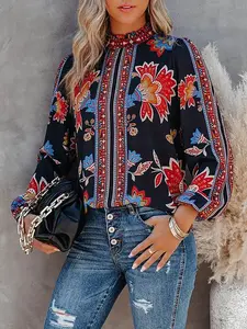 Printed Lantern Long Sleeve Loose Casual Shirt