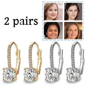 2 pack Earrings for Women 18K Gold Plated Cubic Zirconia Hanging Lever Bridal Earrings Diamond Pendant Earrings for Women Prong Setting
