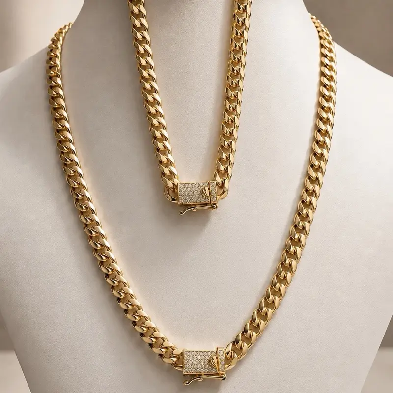 Set Cubano de Cadena y Pulsera en Oro Laminado 14K con Broche Brillante