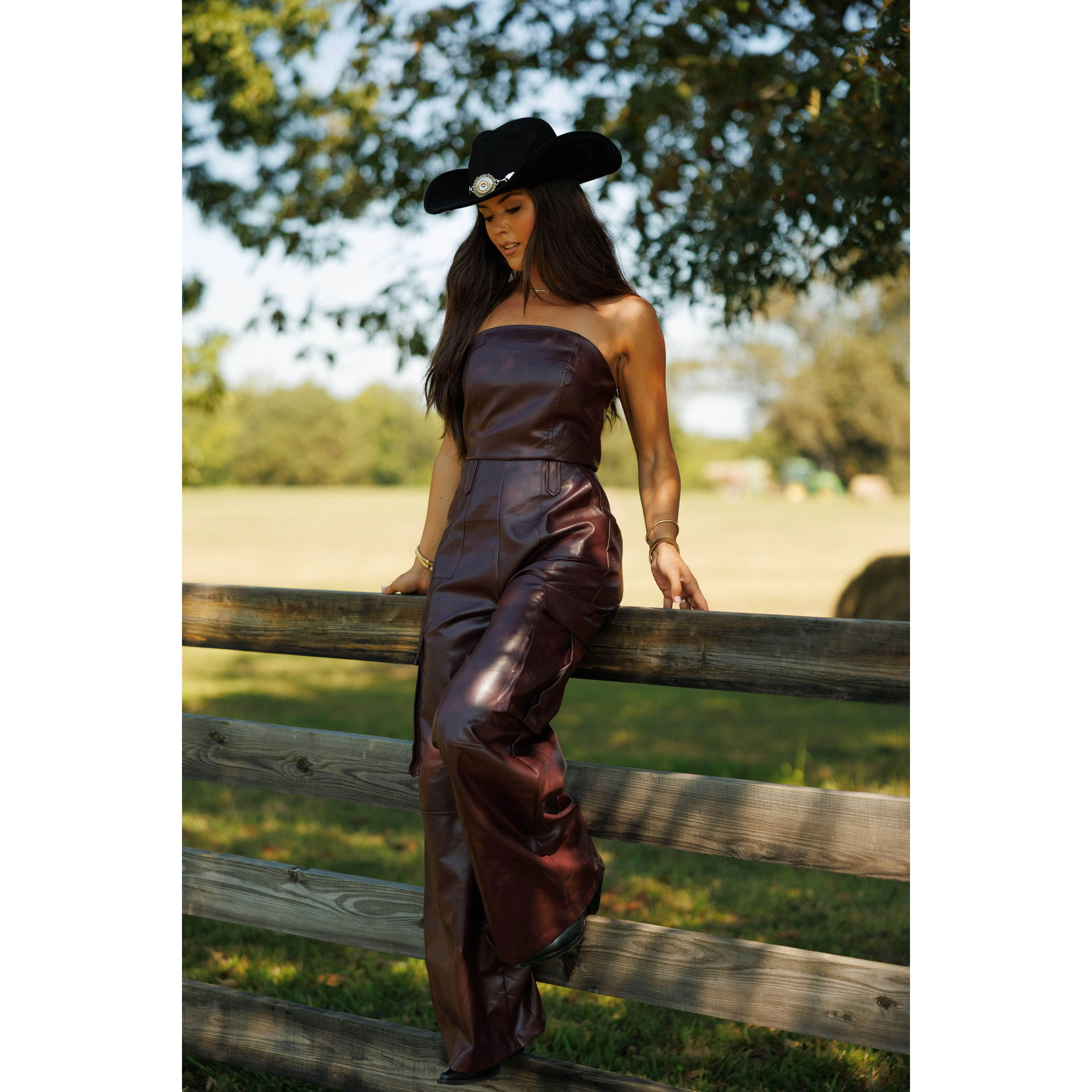 Women's Dark Burgundy Faux Leather Strapless Overalls - Spandex-Blended Jumpsuit with Belt Accent, Rear Zipper Closure, Secure Fit, Pockets, Chic Sleeveless Comfortable Design