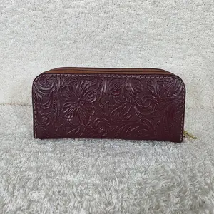 Burgundy Floral Embossed Leather Double Zip Wallet