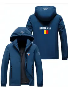 Minimalist Romania Letter Print Hooded Jacket, Premium Polyester Fiber, Casual Fitted Outerwear, Spring & Fall Fashion