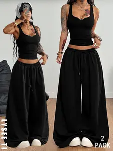 Trendy Black Fitted U-Neck Strap Dress + Draped Wide Leg Floor-Length Pants Streetwear Flirty Girl Style Elastic Waist Comfortable Tall-Look Streetwear Women's Two-Piece Set Outfit