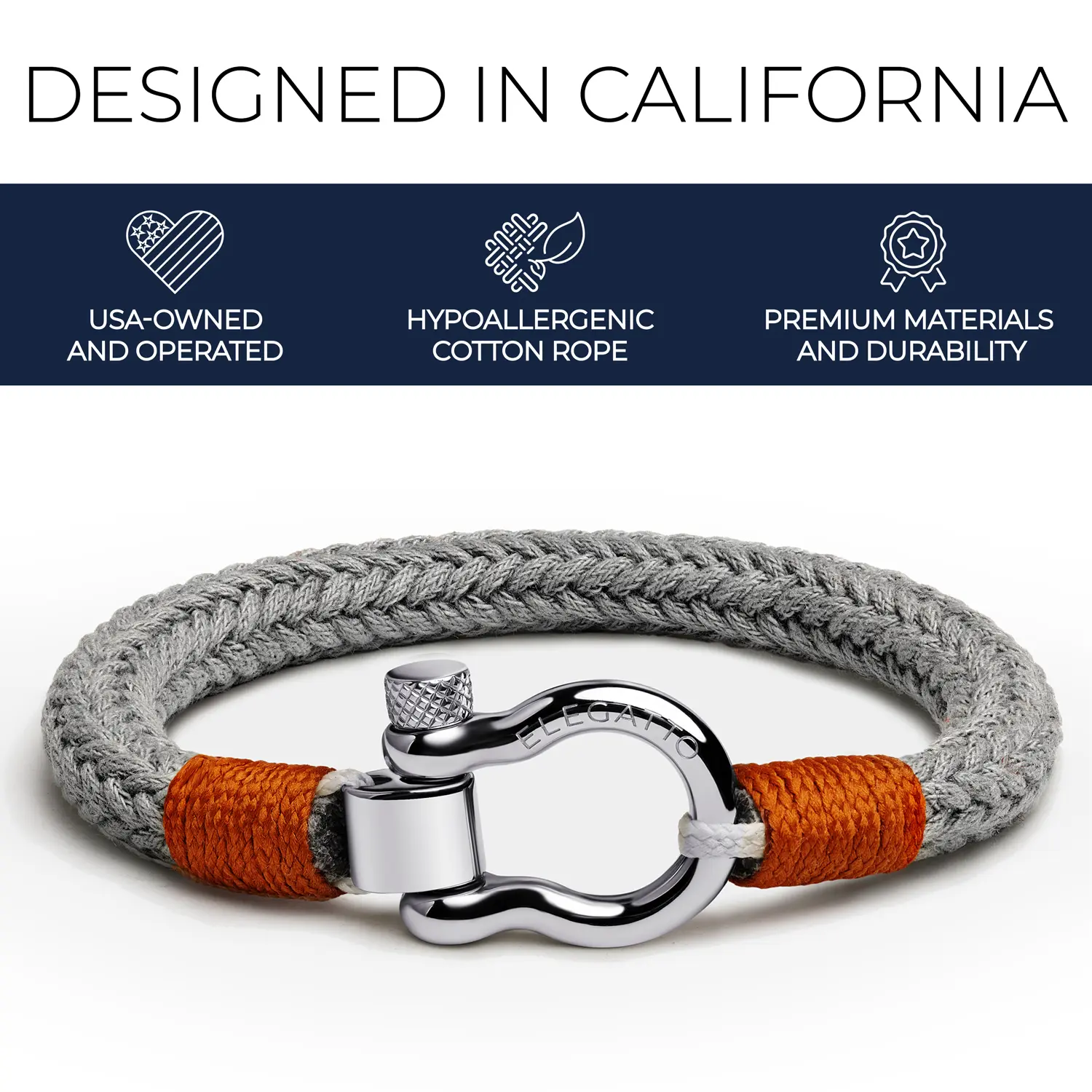 Elegatto Orion Premium Rope Bracelet for Men | Natural Cotton Finish and Sterling Silver Polished Stainless Steel Horseshoe Shackle Closure | Men’s Designer Bracelets