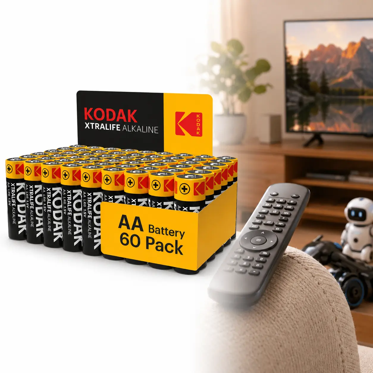 Kodak Xtralife AA Alkaline Batteries,60 Count,1.5V power,10-year storage,leak resistant,non-rechargeable,2700 mAh,145% more power,plastic-free packaging,cameras,clocks,flashlights,toys,game controllers,remote controls,wireless mouse,emergency kit,FM radio