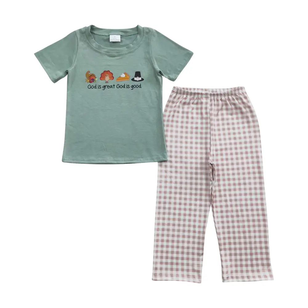 BSPO0163--Thanksgiving god is great Vinyl Turkey green plaid boy sets