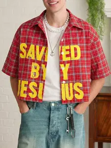 Men Women Short Cardigan Shirt Collar Drop Shoulder Sleeves Vintage Streetwear Saved by Jesus Print Casual Comfortable