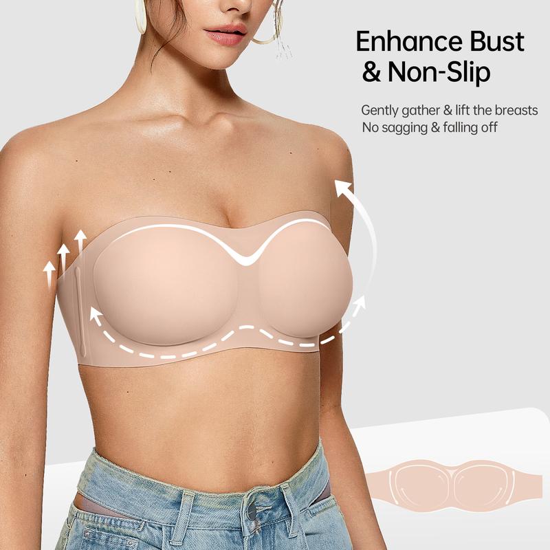 OEAK Womens Solid Strapless Bandeau Bras Non Slip Bras Push Up Wireless Padded Bras Supportive Seamless Bra Comfortable Tube Bra