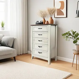 Farmhouse 5 Drawer Dresser Tall Rustic Wood Chest with Vintage Finish Spacious Storage Organizer for Bedroom Living Room White