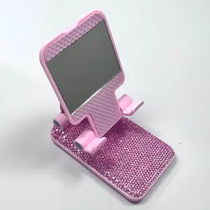 New High-End Rhinestone Phone Stand, Universal Smartphone Tablet Holder, Cell Phone Mount, Foldable Adjustable with Mirror, Portable for Travel, Adjustable Cellphone Holder