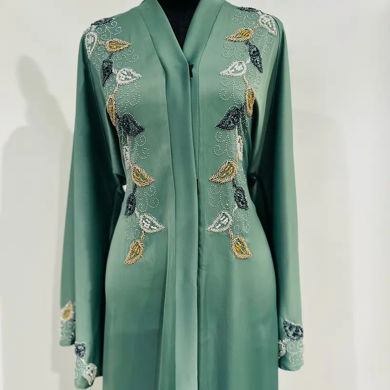 Mint Green Embroidered Abaya with Belt - Elegant Leaf Design and Soft Fabric for Comfort and Style
