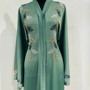 Mint Green Embroidered Abaya with Belt - Elegant Leaf Design and Soft Fabric for Comfort and Style